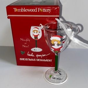 Tumbleweed Pottery Holiday Christmas Ornament Naughty Nice Wine Glass 4" Tall